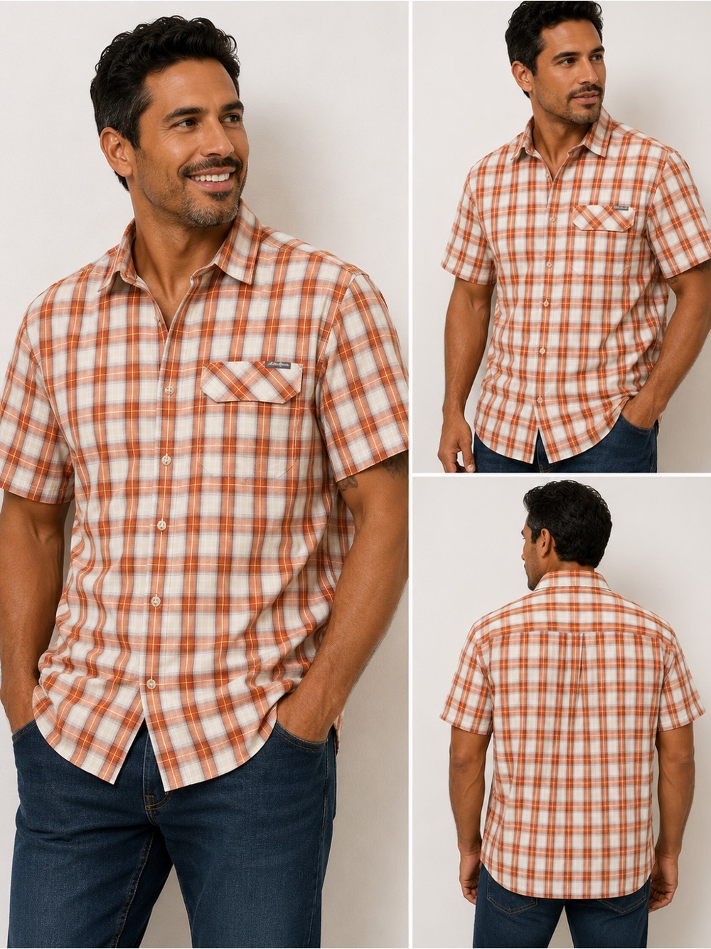 Eddie Bauer Short-Sleeve Plaid Button-Down Shirt in Orange and White Gorpcore